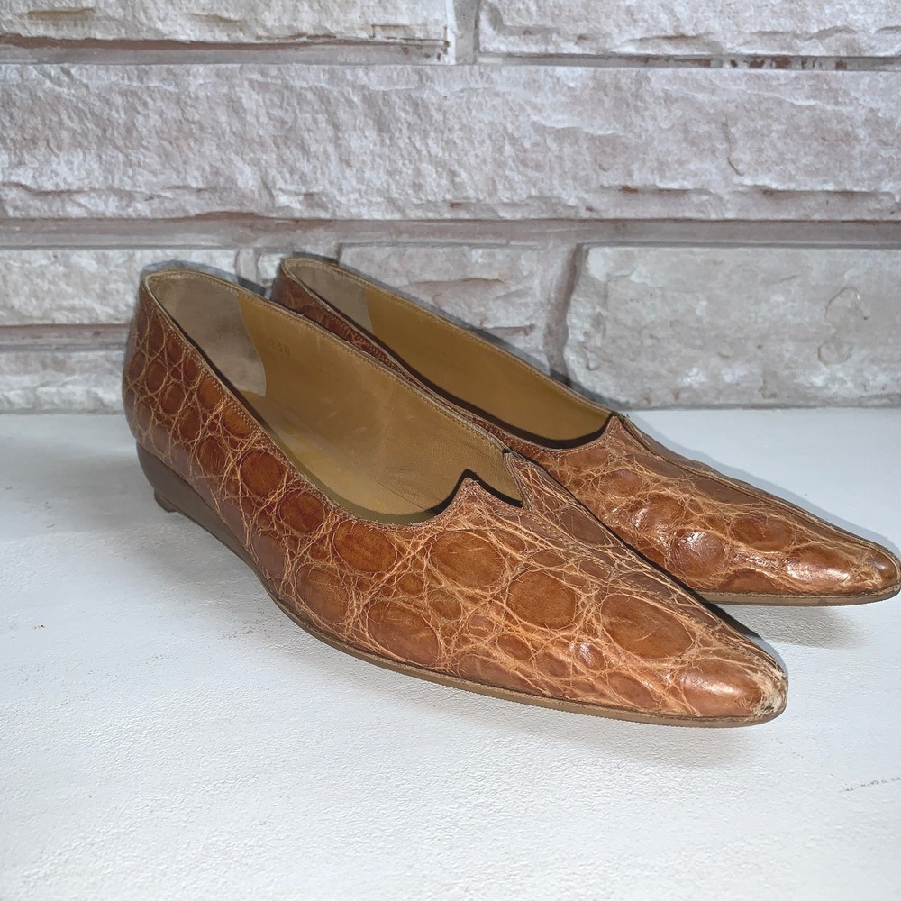 Walter Steiger Tan Crocodile Embossed Leather Pointed Toe Flats Italy Womens 36